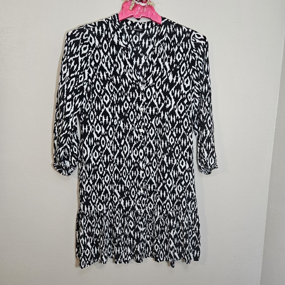 Versona S Black White Ikat Button Down Tiered Ruffle Pockets Mini Dress Artsy